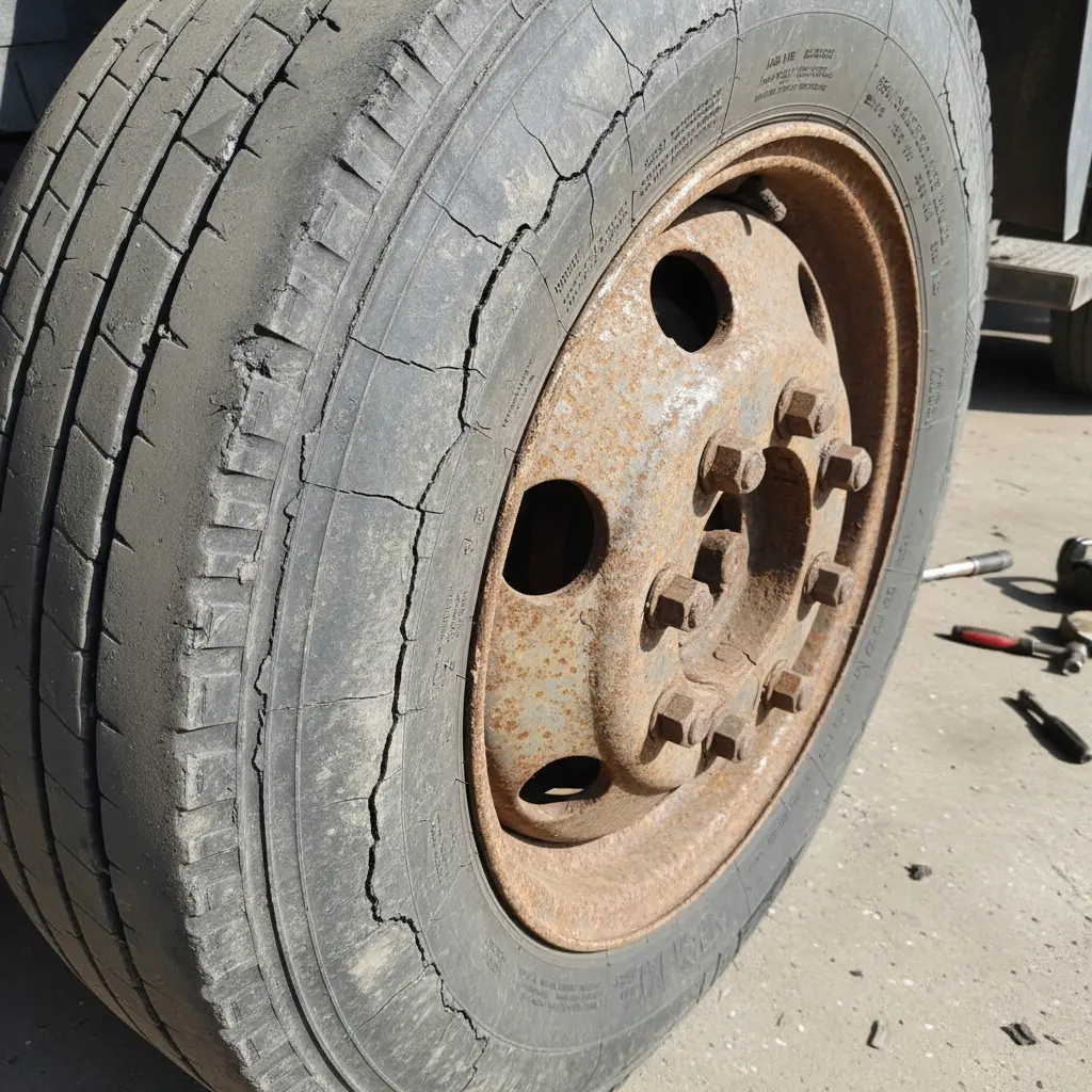 DOT check catching a cracked steer tire and rusted wheel before it turns into a roadside violation.