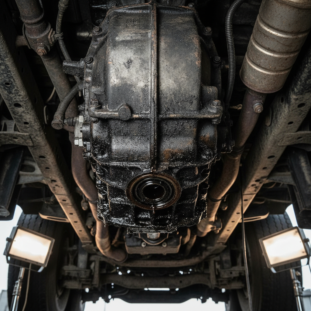 Transmission case pulled for seal and clutch service — preventing leaks and driveline vibration.