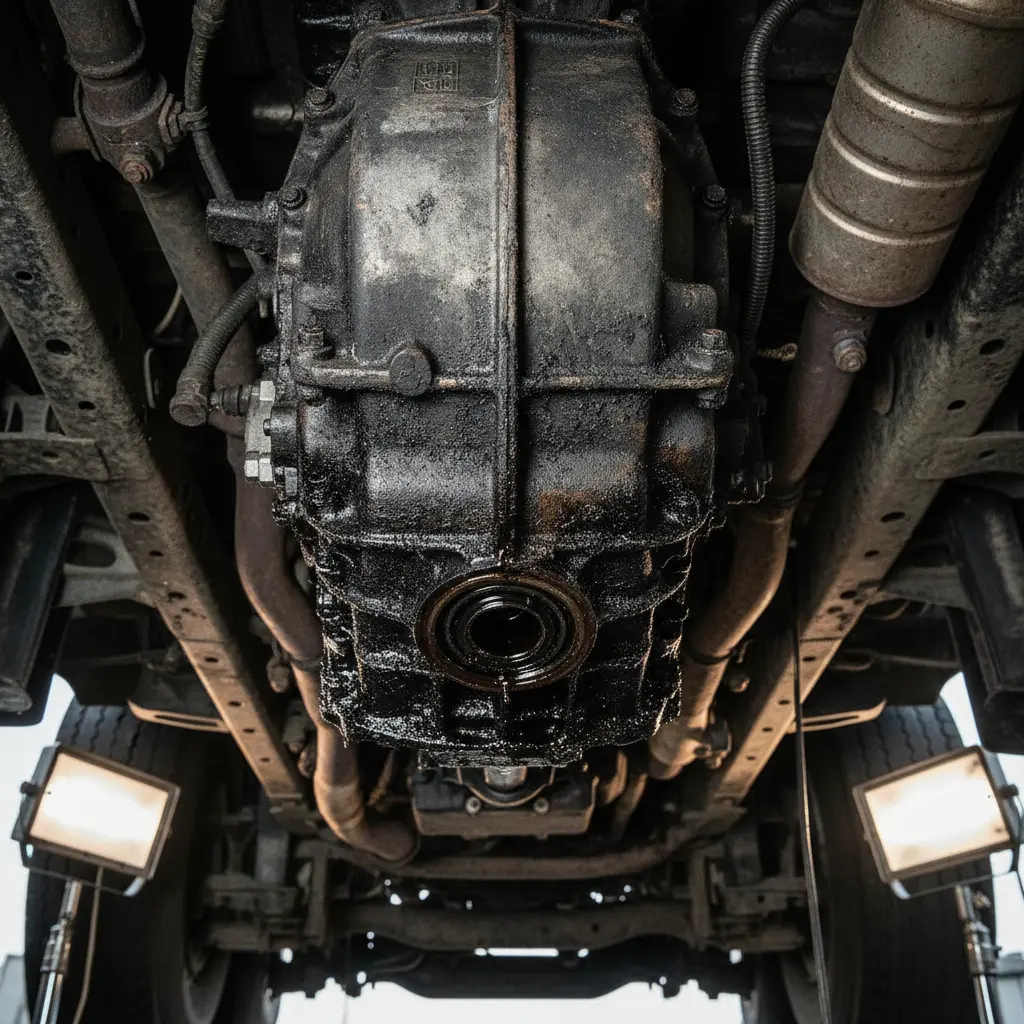 Transmission case pulled for seal and clutch service — preventing leaks and driveline vibration.